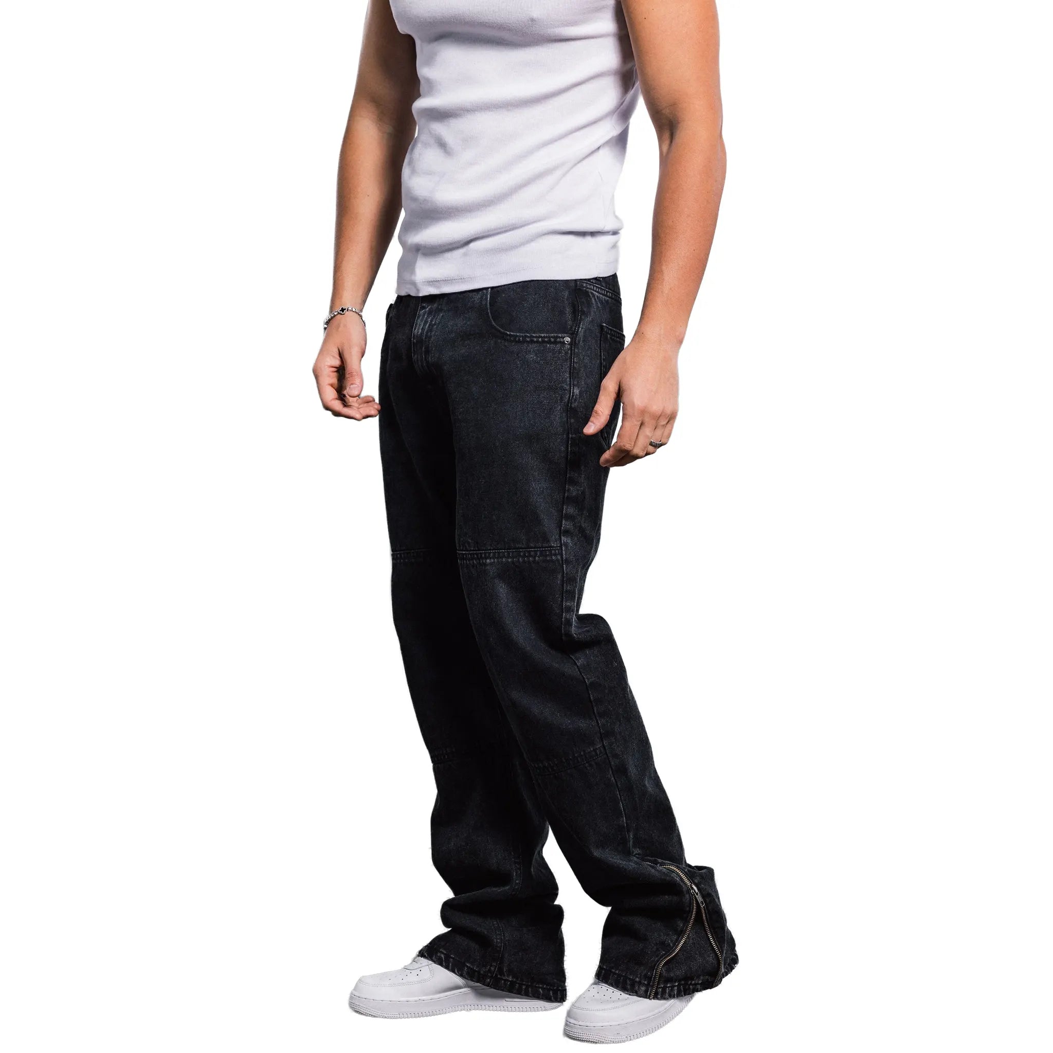 Front Side View of Bénir Clothing Zip Flare Black Jeans HEM-BLK ZIP